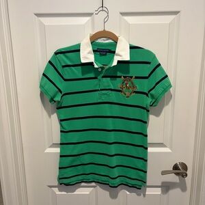 Ralph Lauren Green and Navy Striped Polo with White Collar